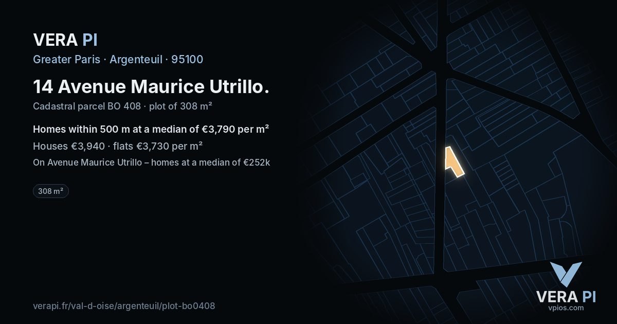 14 Avenue Maurice Utrillo, Argenteuil at night – the plot lit, the parcels around coloured by the prices near them