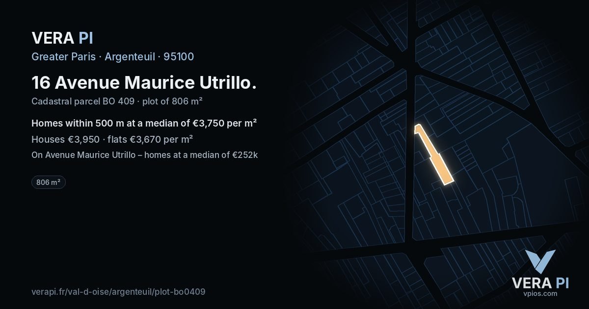 16 Avenue Maurice Utrillo, Argenteuil at night – the plot lit, the parcels around coloured by the prices near them