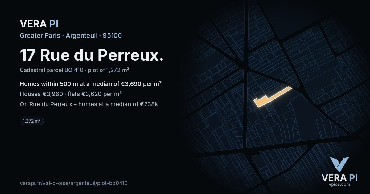 17 Rue du Perreux, Argenteuil at night – the plot lit, the parcels around coloured by the prices near them
