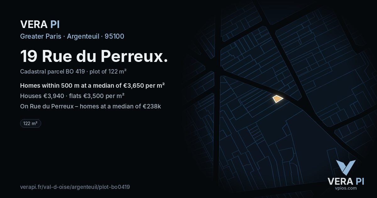 19 Rue du Perreux, Argenteuil at night – the plot lit, the parcels around coloured by the prices near them