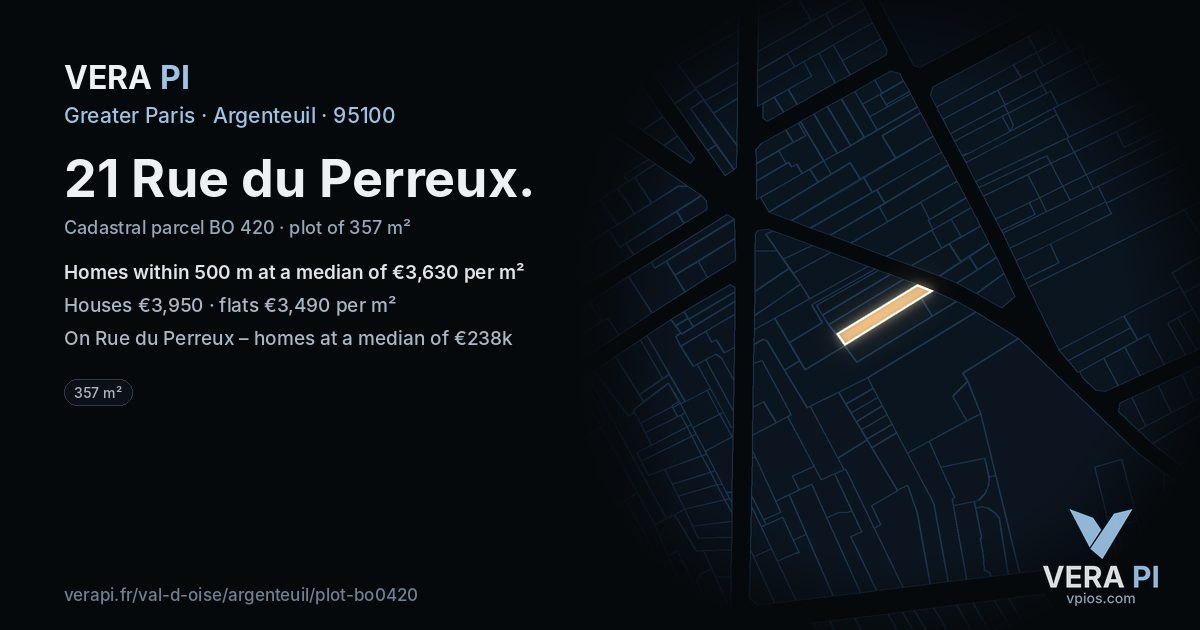 21 Rue du Perreux, Argenteuil at night – the plot lit, the parcels around coloured by the prices near them