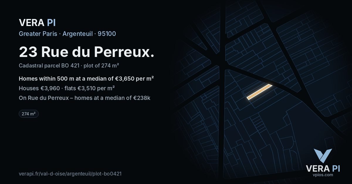 23 Rue du Perreux, Argenteuil at night – the plot lit, the parcels around coloured by the prices near them