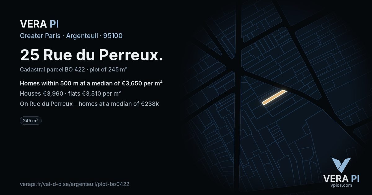 25 Rue du Perreux, Argenteuil at night – the plot lit, the parcels around coloured by the prices near them