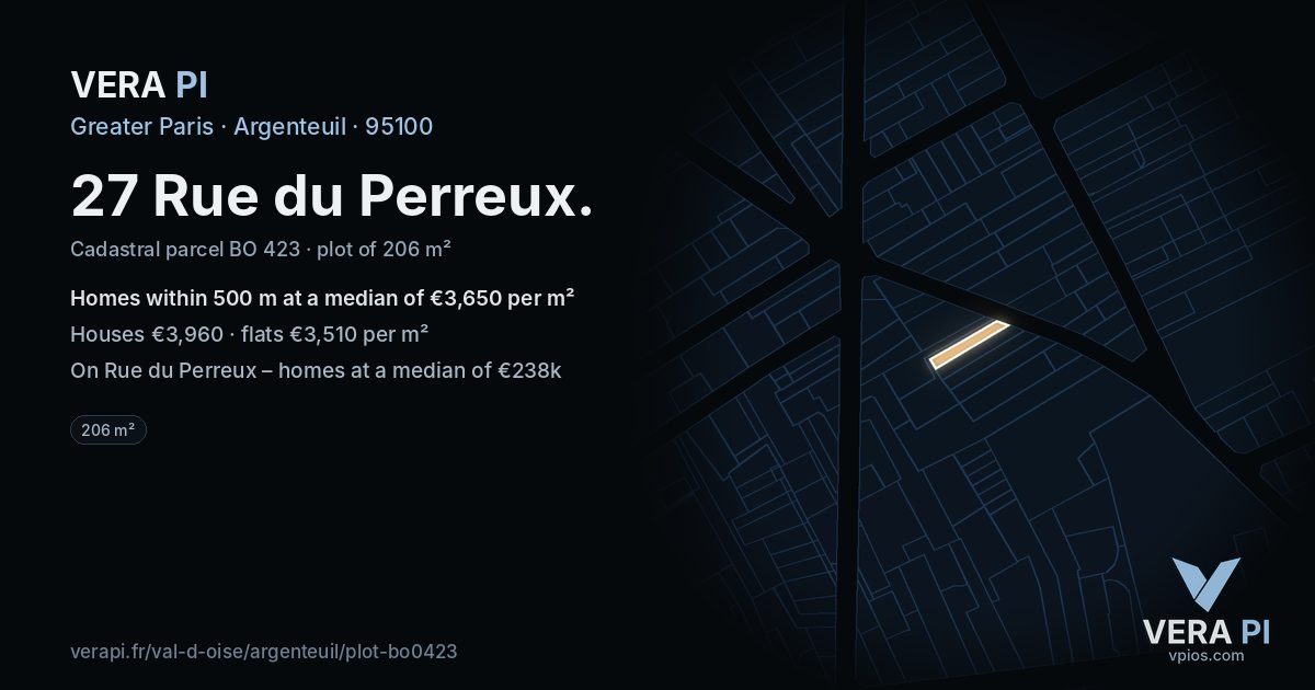27 Rue du Perreux, Argenteuil at night – the plot lit, the parcels around coloured by the prices near them