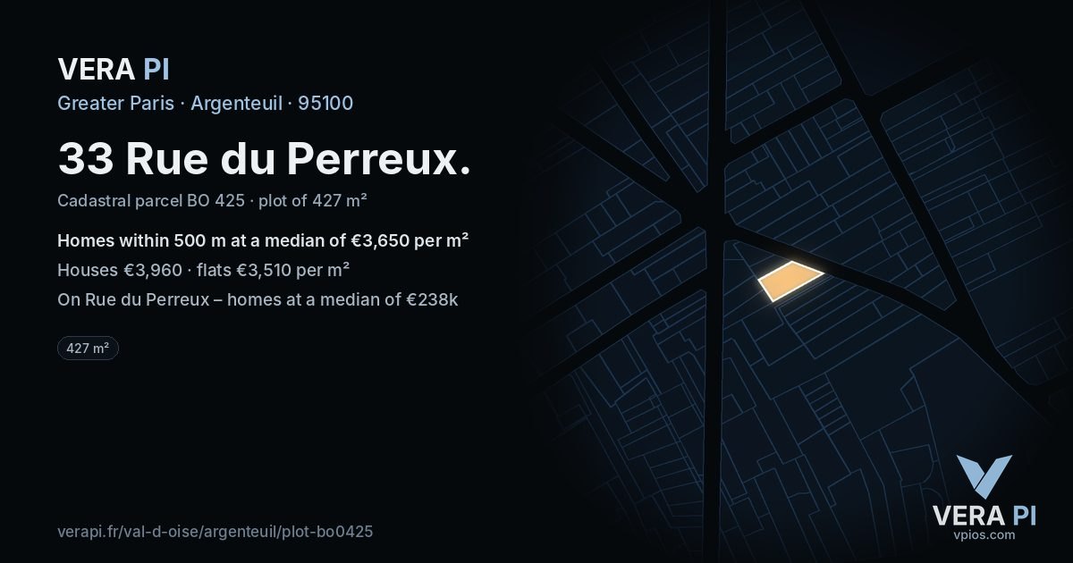 33 Rue du Perreux, Argenteuil at night – the plot lit, the parcels around coloured by the prices near them