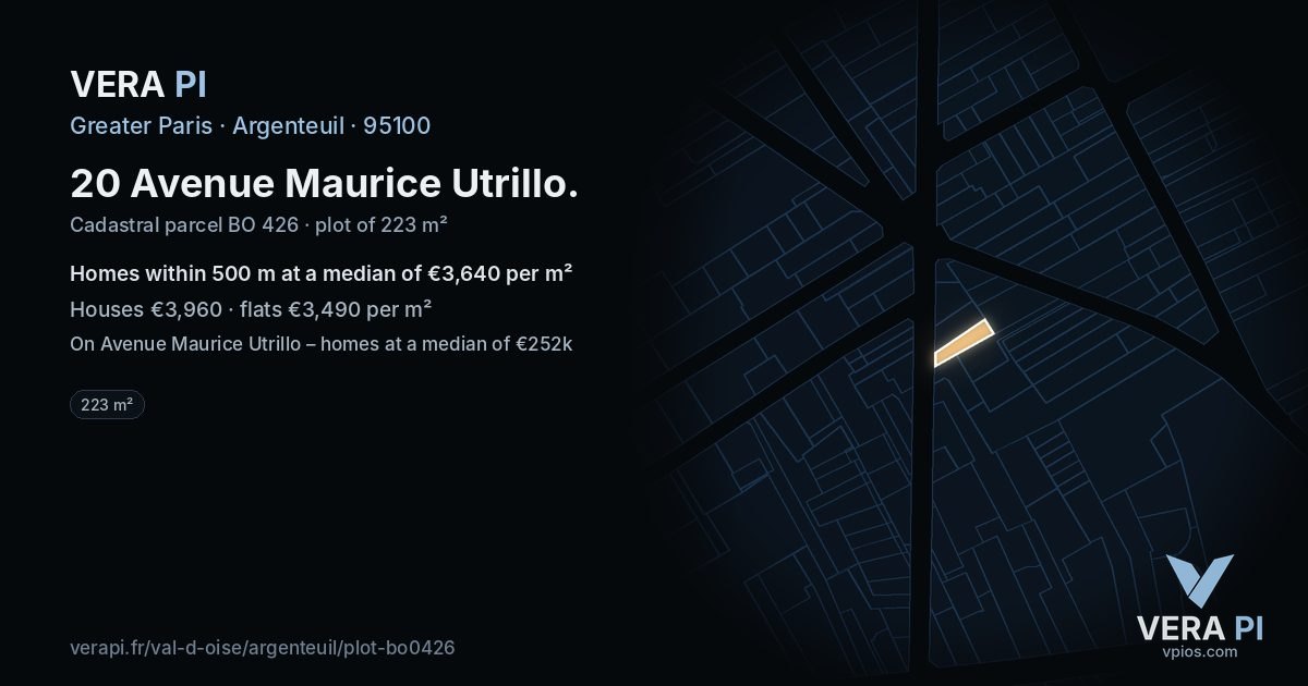20 Avenue Maurice Utrillo, Argenteuil at night – the plot lit, the parcels around coloured by the prices near them