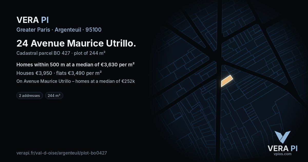 24 Avenue Maurice Utrillo, Argenteuil at night – the plot lit, the parcels around coloured by the prices near them