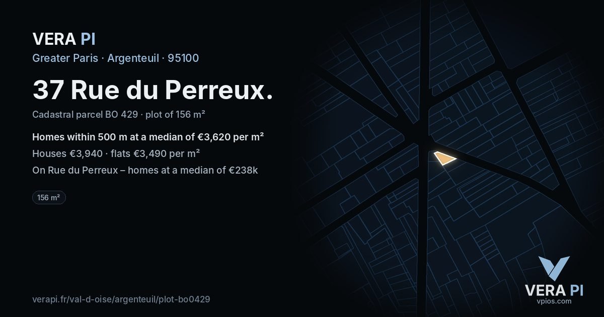 37 Rue du Perreux, Argenteuil at night – the plot lit, the parcels around coloured by the prices near them