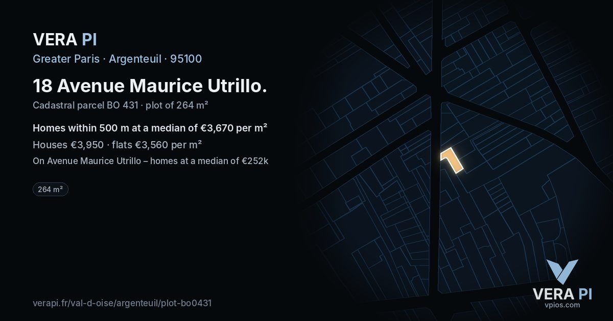 18 Avenue Maurice Utrillo, Argenteuil at night – the plot lit, the parcels around coloured by the prices near them