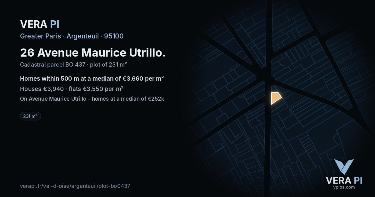 26 Avenue Maurice Utrillo, Argenteuil at night – the plot lit, the parcels around coloured by the prices near them