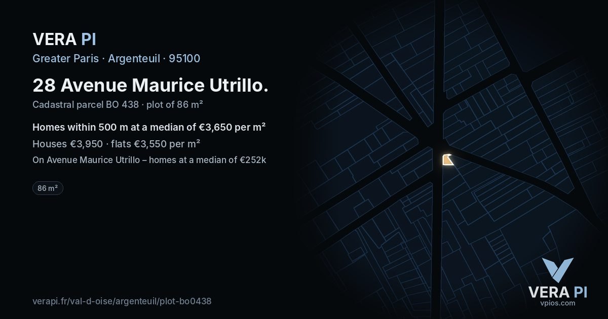 28 Avenue Maurice Utrillo, Argenteuil at night – the plot lit, the parcels around coloured by the prices near them