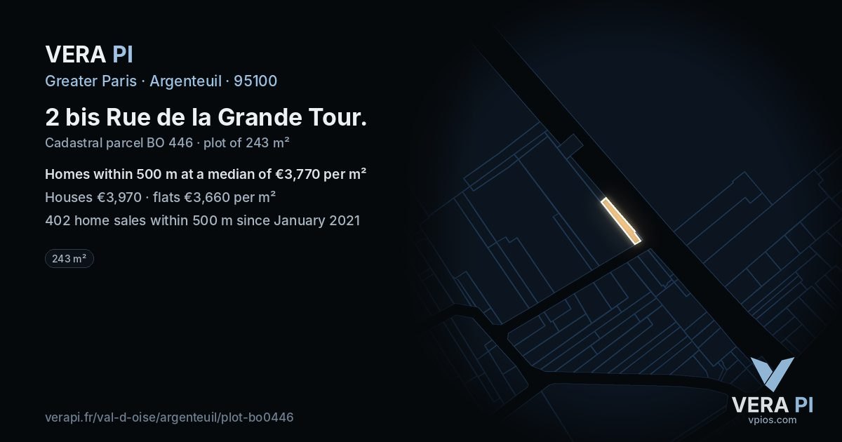 2 bis Rue de la Grande Tour, Argenteuil at night – the plot lit, the parcels around coloured by the prices near them