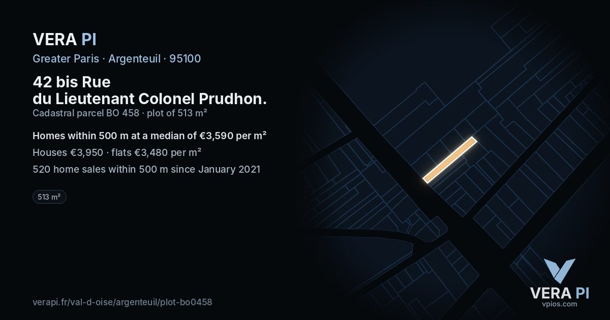 42 bis Rue du Lieutenant Colonel Prudhon, Argenteuil at night – the plot lit, the parcels around coloured by the prices near them