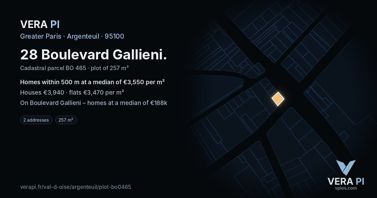 28 Boulevard Gallieni, Argenteuil at night – the plot lit, the parcels around coloured by the prices near them