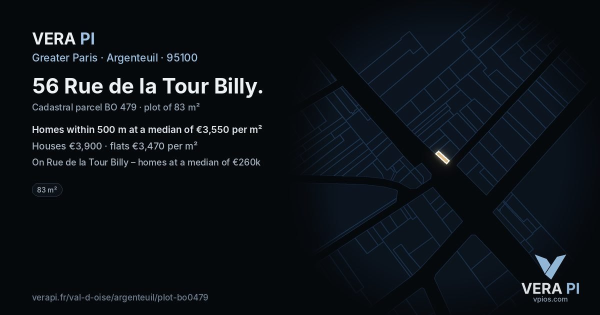 56 Rue de la Tour Billy, Argenteuil at night – the plot lit, the parcels around coloured by the prices near them