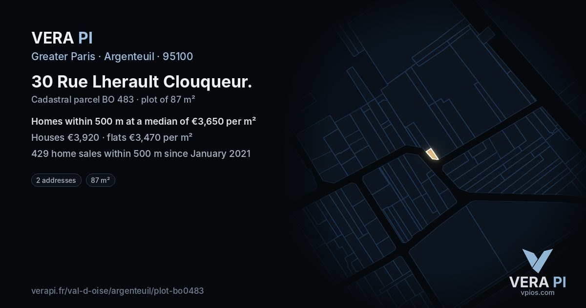 30 Rue Lherault Clouqueur, Argenteuil at night – the plot lit, the parcels around coloured by the prices near them