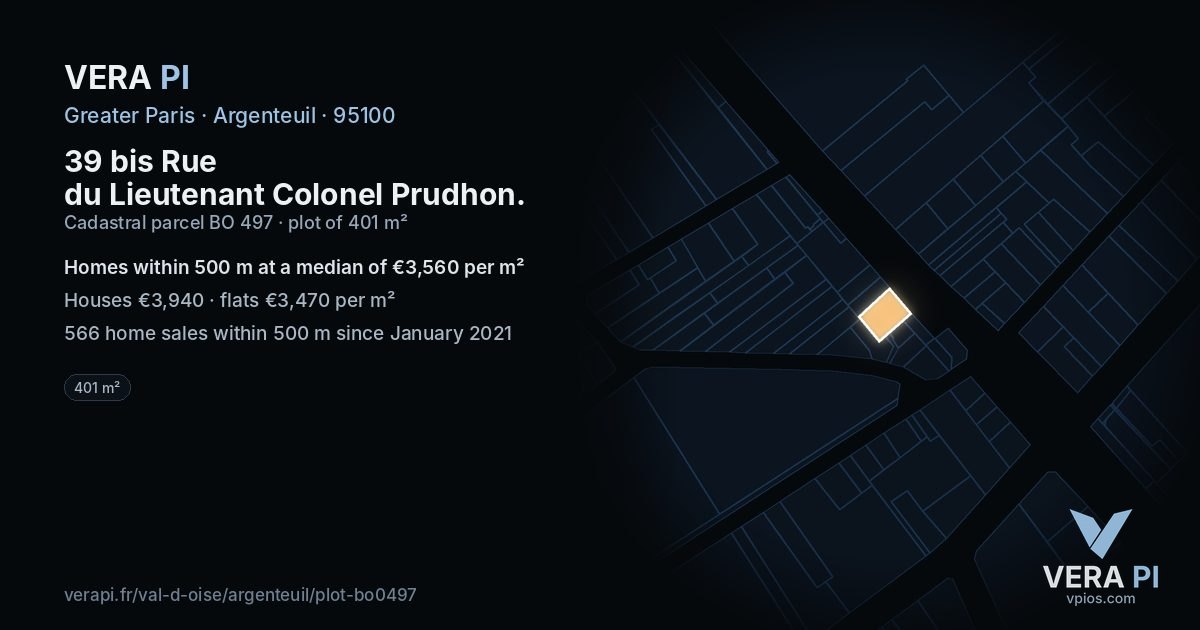 39 bis Rue du Lieutenant Colonel Prudhon, Argenteuil at night – the plot lit, the parcels around coloured by the prices near them