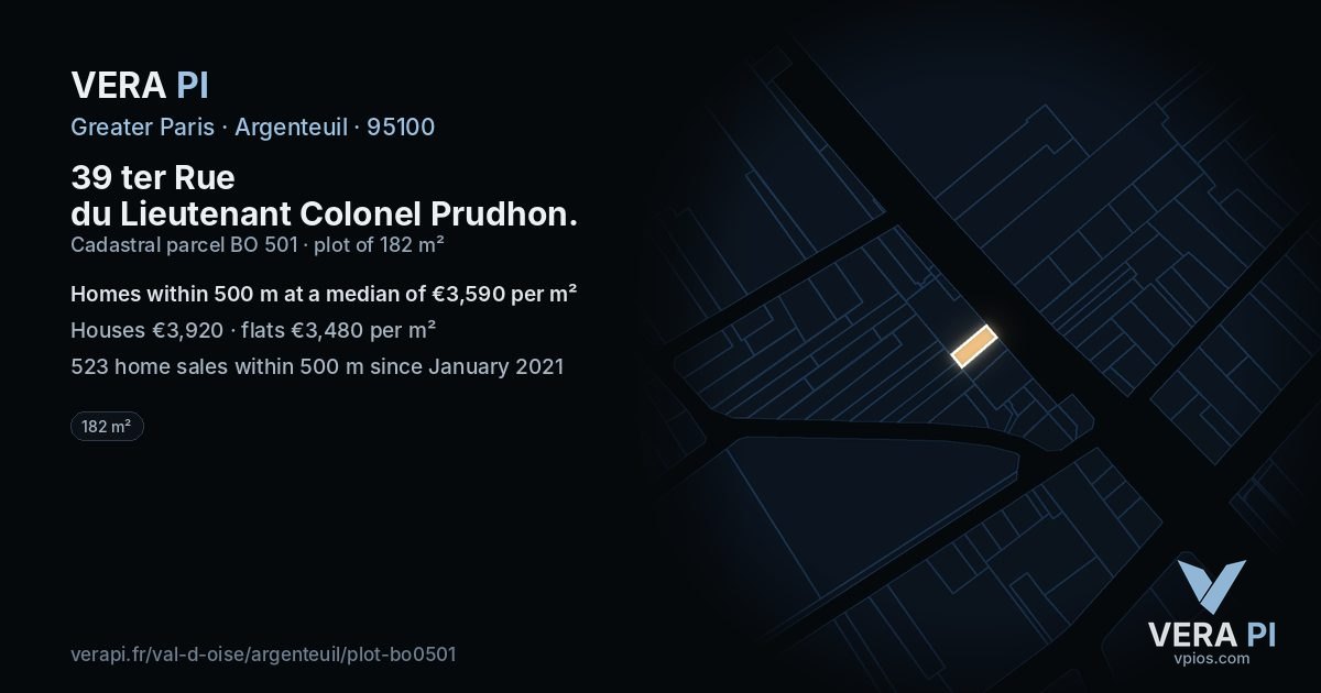 39 ter Rue du Lieutenant Colonel Prudhon, Argenteuil at night – the plot lit, the parcels around coloured by the prices near them