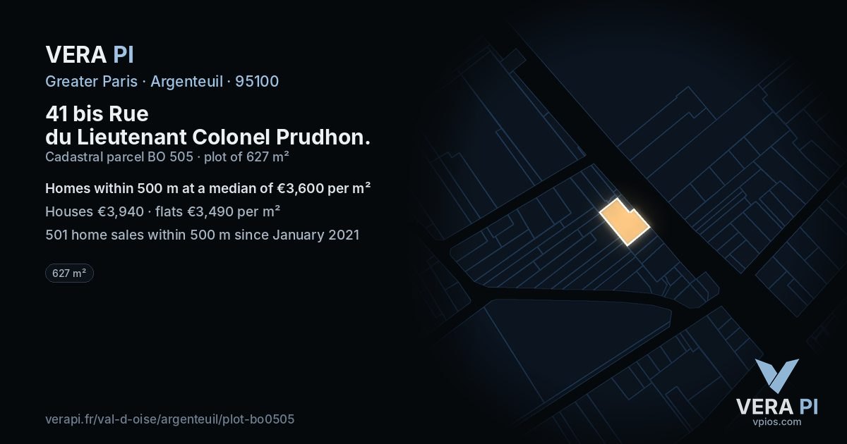 41 bis Rue du Lieutenant Colonel Prudhon, Argenteuil at night – the plot lit, the parcels around coloured by the prices near them