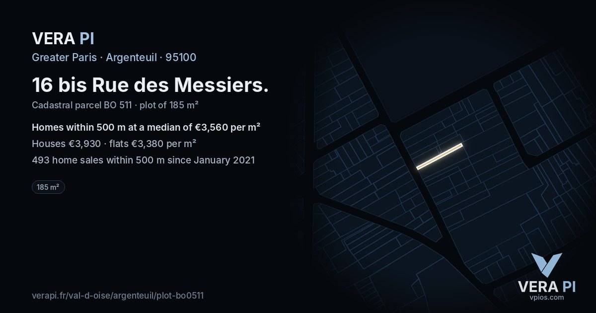 16 bis Rue des Messiers, Argenteuil at night – the plot lit, the parcels around coloured by the prices near them