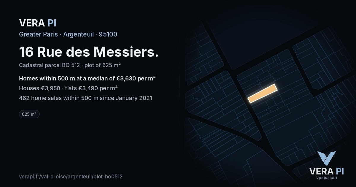16 Rue des Messiers, Argenteuil at night – the plot lit, the parcels around coloured by the prices near them