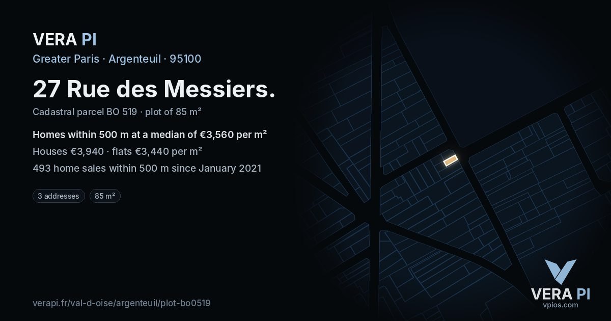 27 Rue des Messiers, Argenteuil at night – the plot lit, the parcels around coloured by the prices near them