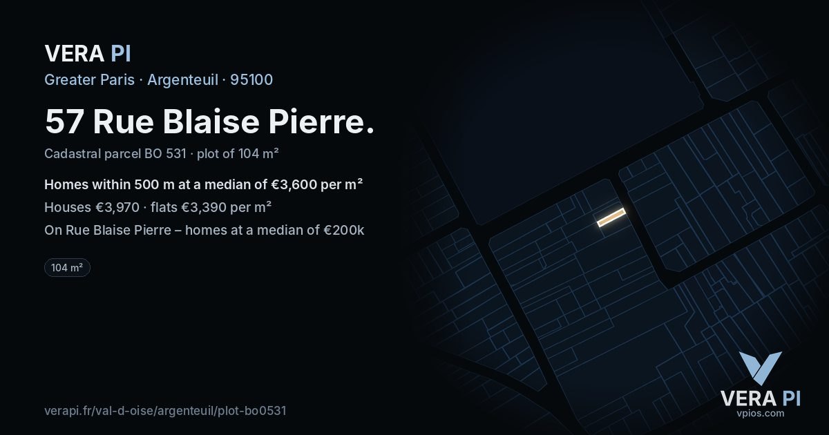 57 Rue Blaise Pierre, Argenteuil at night – the plot lit, the parcels around coloured by the prices near them