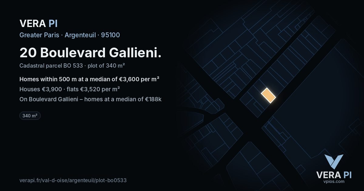 20 Boulevard Gallieni, Argenteuil at night – the plot lit, the parcels around coloured by the prices near them
