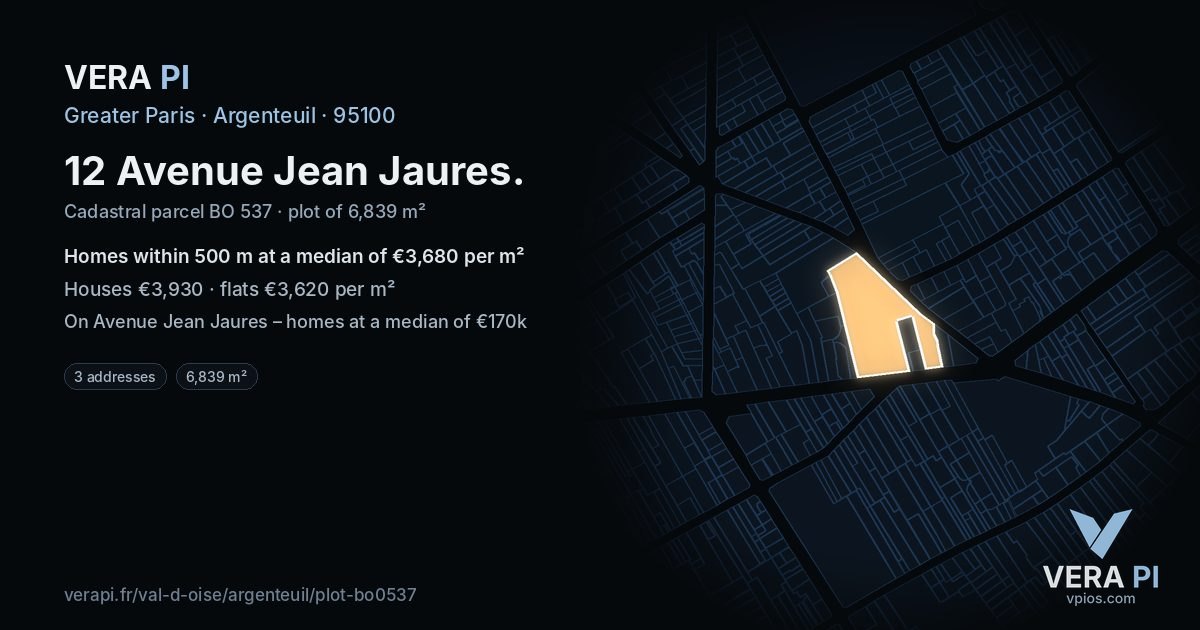 12 Avenue Jean Jaures, Argenteuil at night – the plot lit, the parcels around coloured by the prices near them