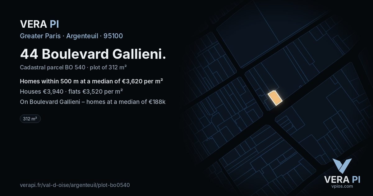 44 Boulevard Gallieni, Argenteuil at night – the plot lit, the parcels around coloured by the prices near them