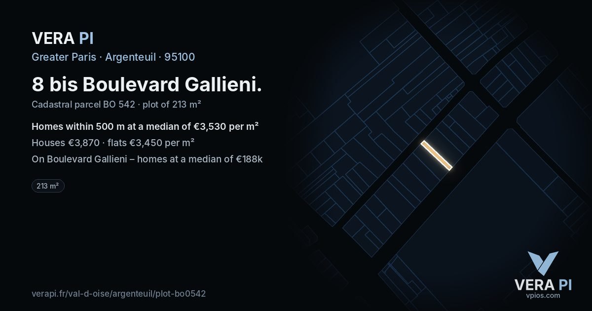 8 bis Boulevard Gallieni, Argenteuil at night – the plot lit, the parcels around coloured by the prices near them