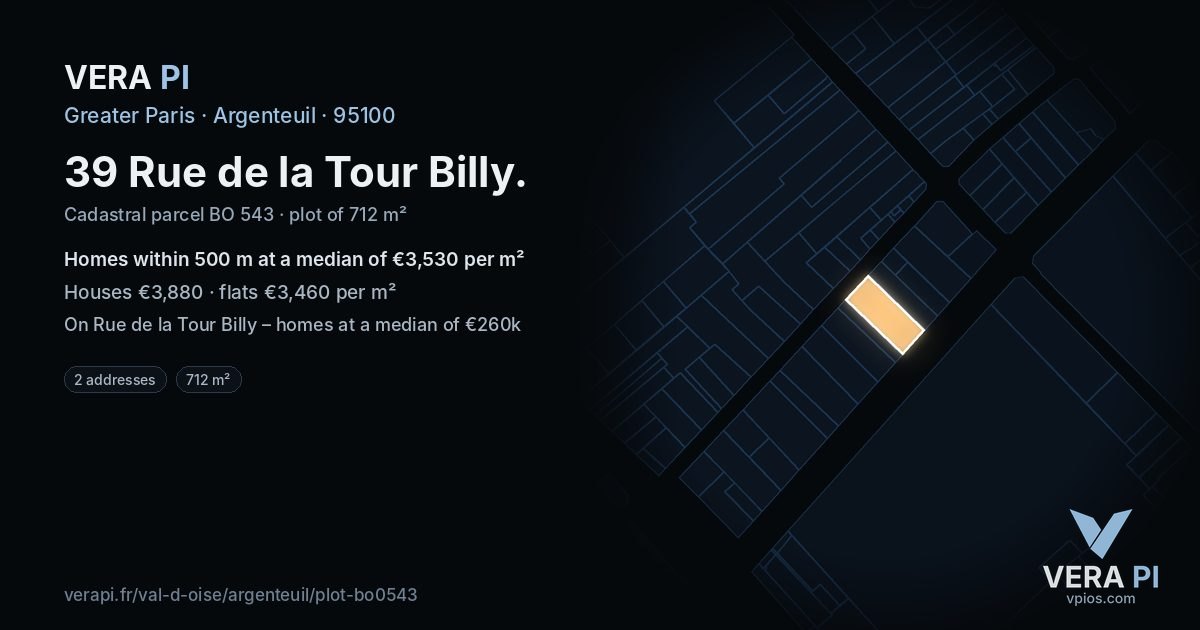 39 Rue de la Tour Billy, Argenteuil at night – the plot lit, the parcels around coloured by the prices near them