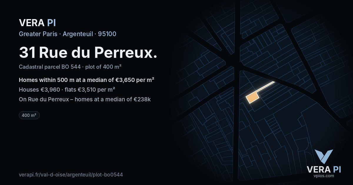 31 Rue du Perreux, Argenteuil at night – the plot lit, the parcels around coloured by the prices near them