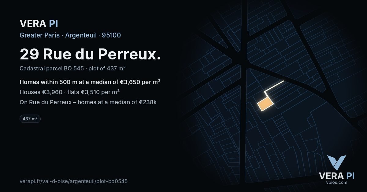 29 Rue du Perreux, Argenteuil at night – the plot lit, the parcels around coloured by the prices near them
