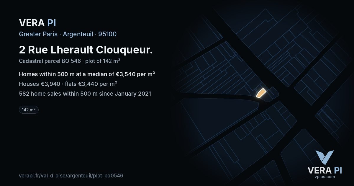 2 Rue Lherault Clouqueur, Argenteuil at night – the plot lit, the parcels around coloured by the prices near them