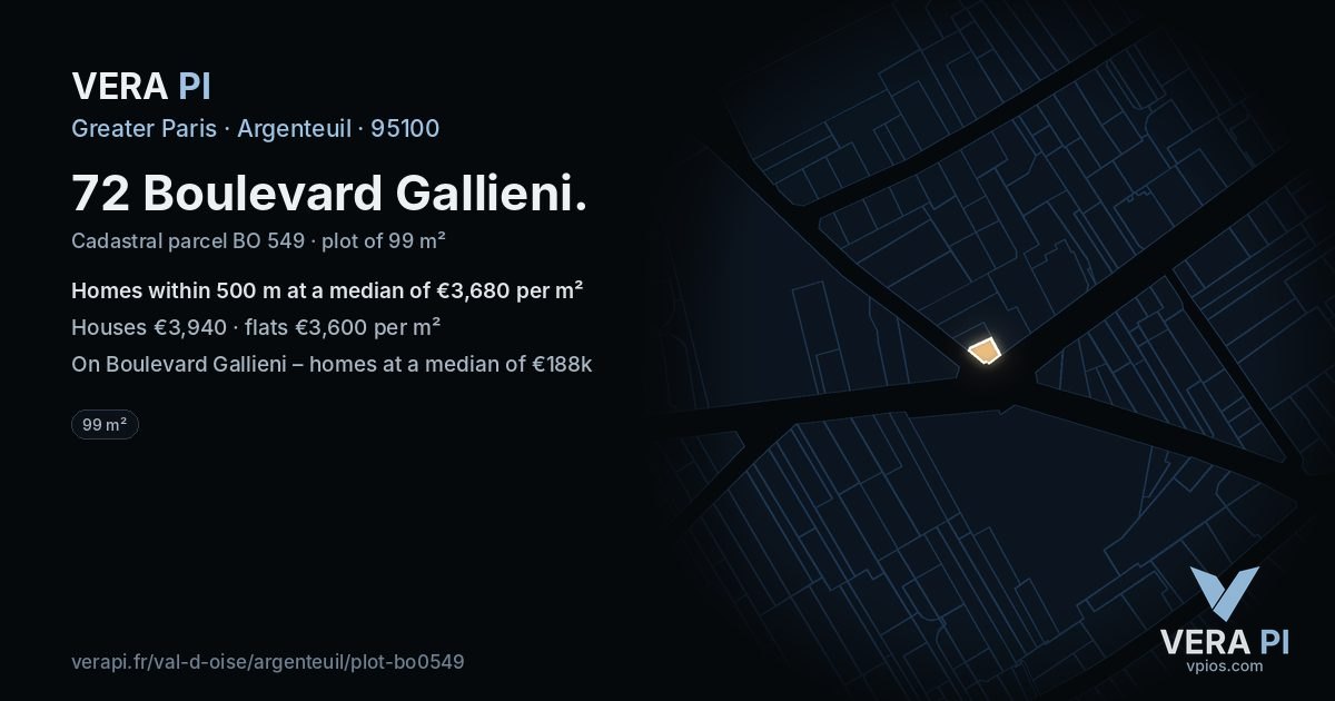 72 Boulevard Gallieni, Argenteuil at night – the plot lit, the parcels around coloured by the prices near them