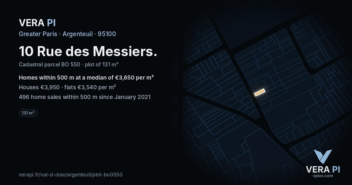 10 Rue des Messiers, Argenteuil at night – the plot lit, the parcels around coloured by the prices near them