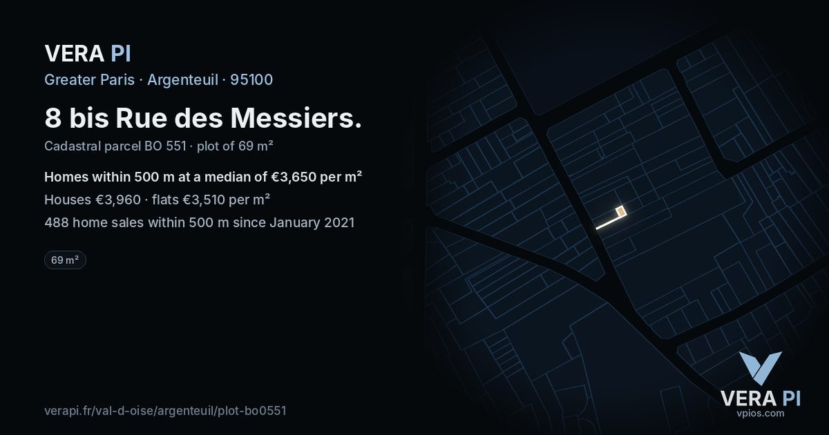 8 bis Rue des Messiers, Argenteuil at night – the plot lit, the parcels around coloured by the prices near them