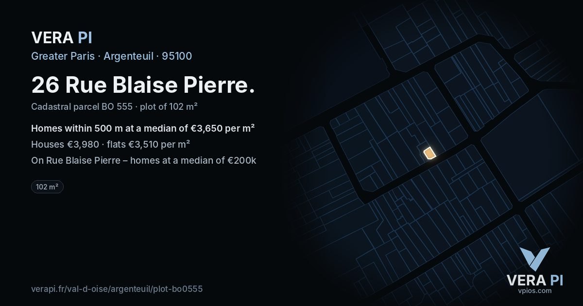26 Rue Blaise Pierre, Argenteuil at night – the plot lit, the parcels around coloured by the prices near them