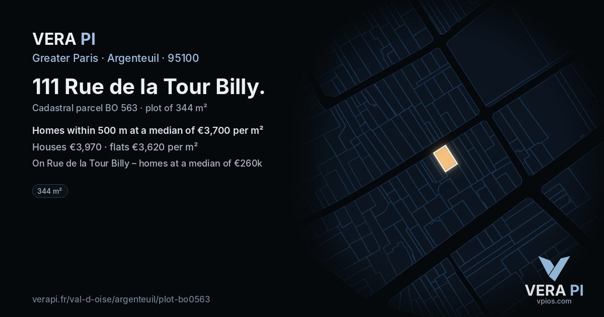 111 Rue de la Tour Billy, Argenteuil at night – the plot lit, the parcels around coloured by the prices near them