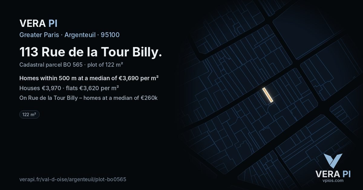 113 Rue de la Tour Billy, Argenteuil at night – the plot lit, the parcels around coloured by the prices near them