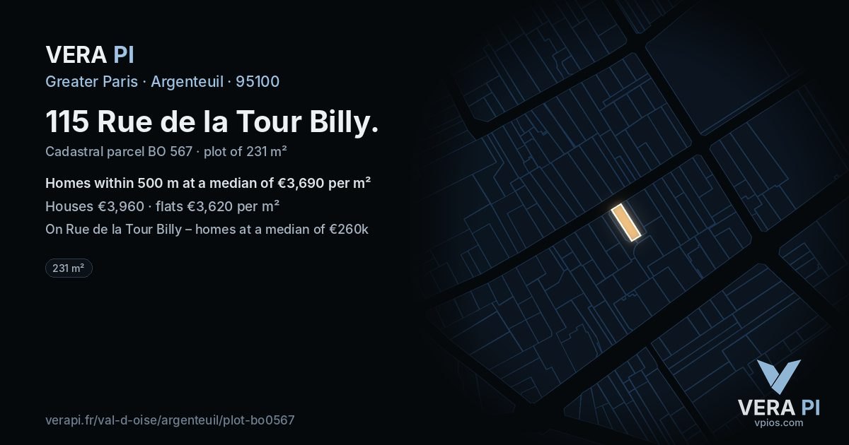 115 Rue de la Tour Billy, Argenteuil at night – the plot lit, the parcels around coloured by the prices near them
