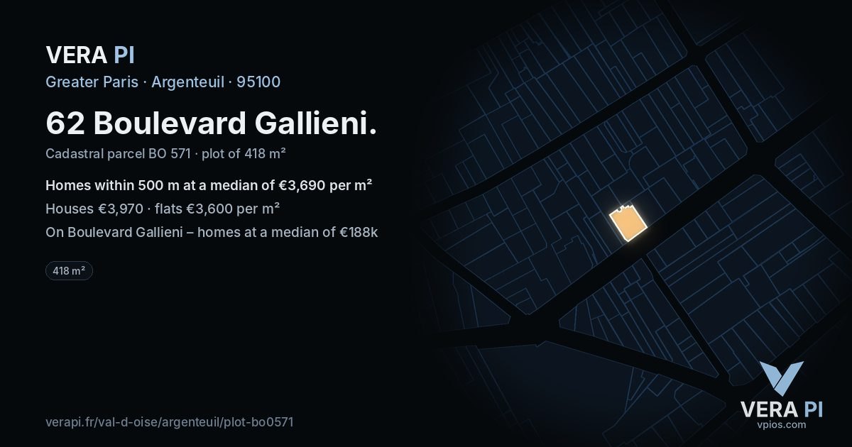62 Boulevard Gallieni, Argenteuil at night – the plot lit, the parcels around coloured by the prices near them
