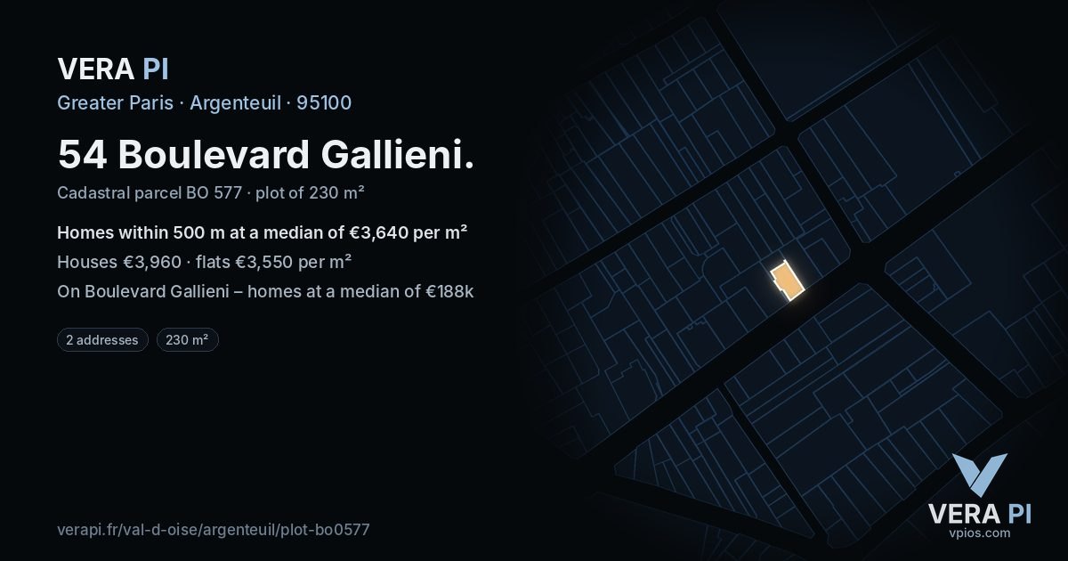 54 Boulevard Gallieni, Argenteuil at night – the plot lit, the parcels around coloured by the prices near them