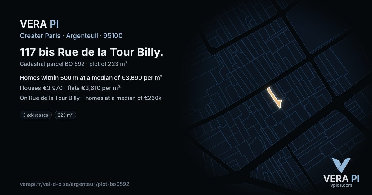 117 bis Rue de la Tour Billy, Argenteuil at night – the plot lit, the parcels around coloured by the prices near them