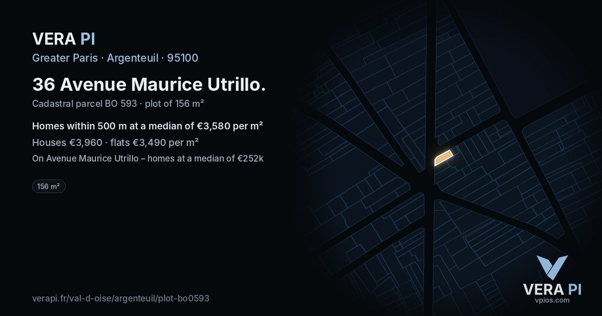 36 Avenue Maurice Utrillo, Argenteuil at night – the plot lit, the parcels around coloured by the prices near them