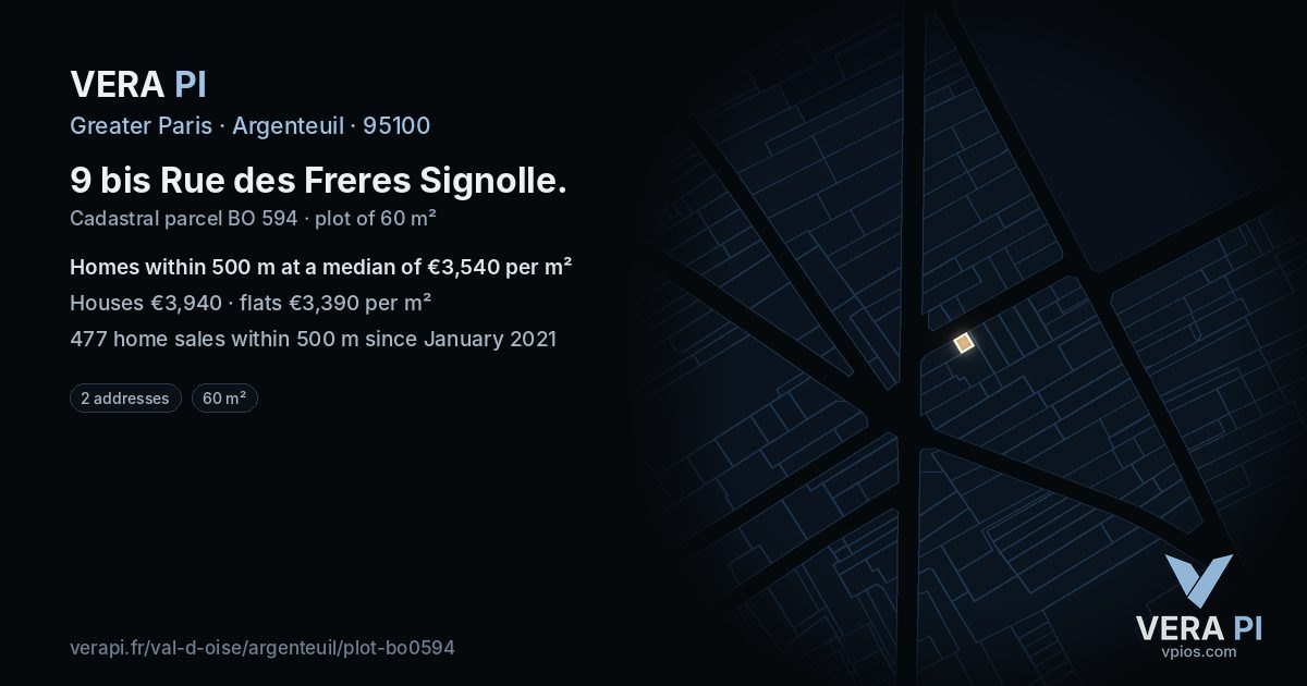9 bis Rue des Freres Signolle, Argenteuil at night – the plot lit, the parcels around coloured by the prices near them