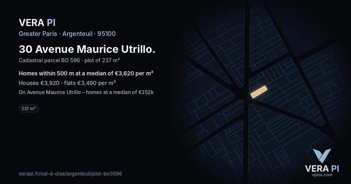 30 Avenue Maurice Utrillo, Argenteuil at night – the plot lit, the parcels around coloured by the prices near them