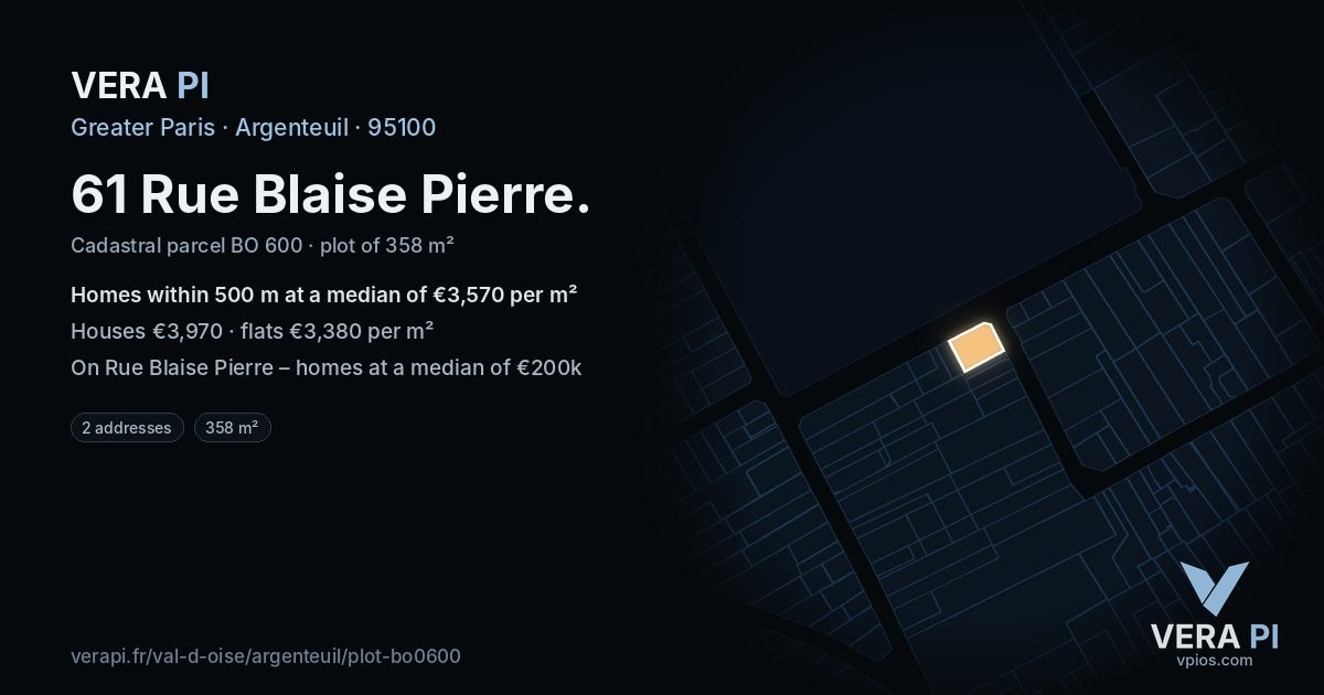 61 Rue Blaise Pierre, Argenteuil at night – the plot lit, the parcels around coloured by the prices near them