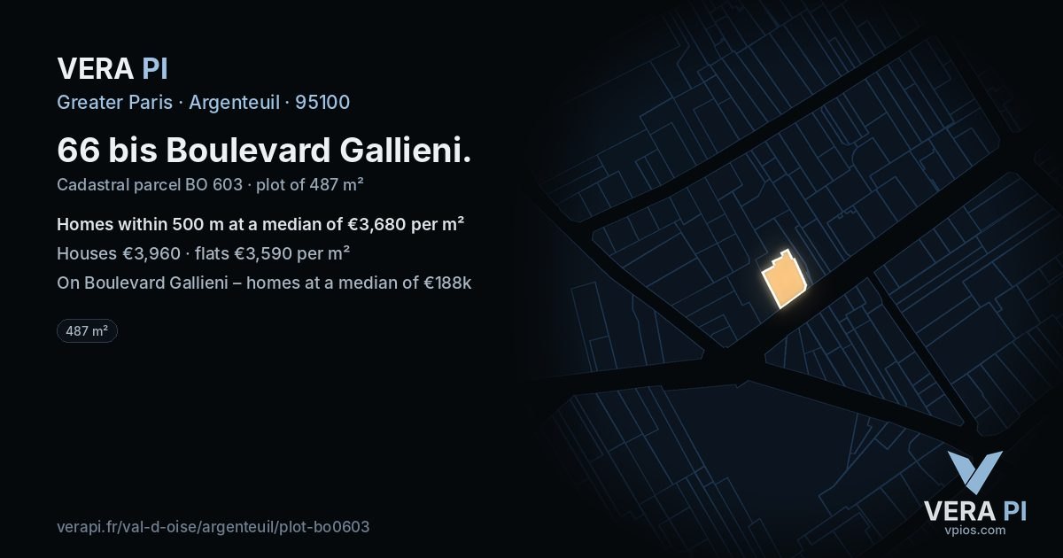 66 bis Boulevard Gallieni, Argenteuil at night – the plot lit, the parcels around coloured by the prices near them